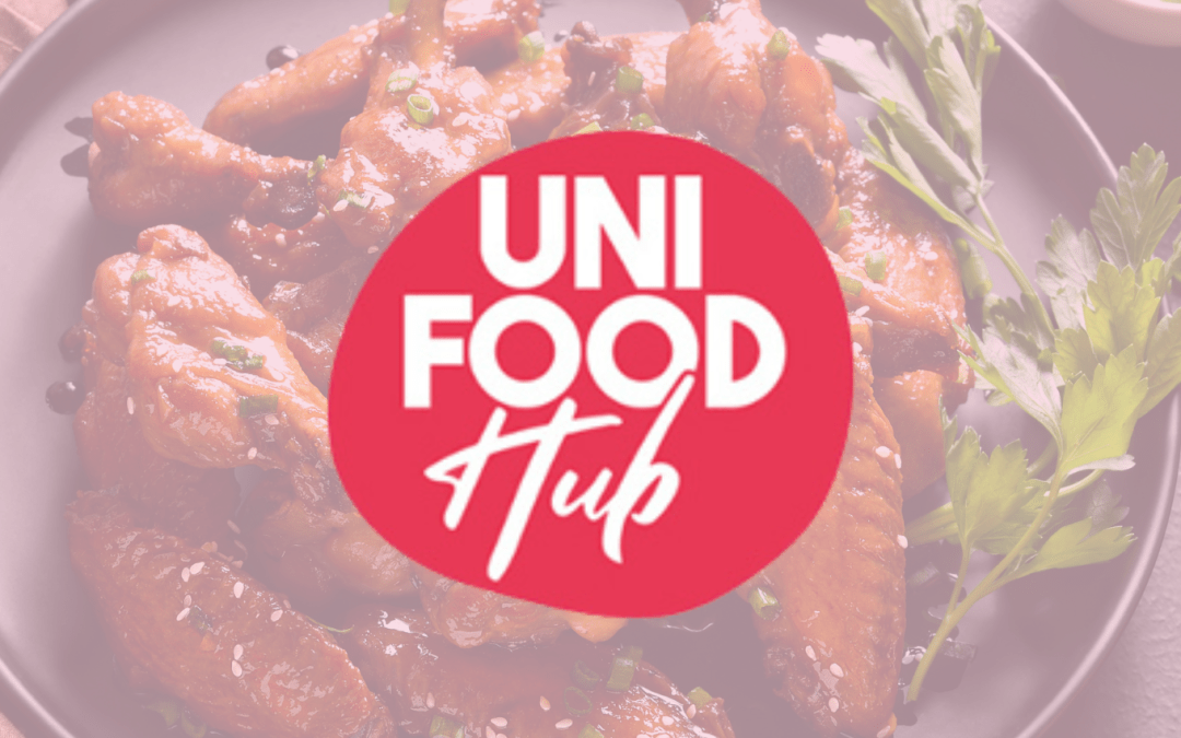 Bowl of sticky chicken wings with the Uni Food Hub logo