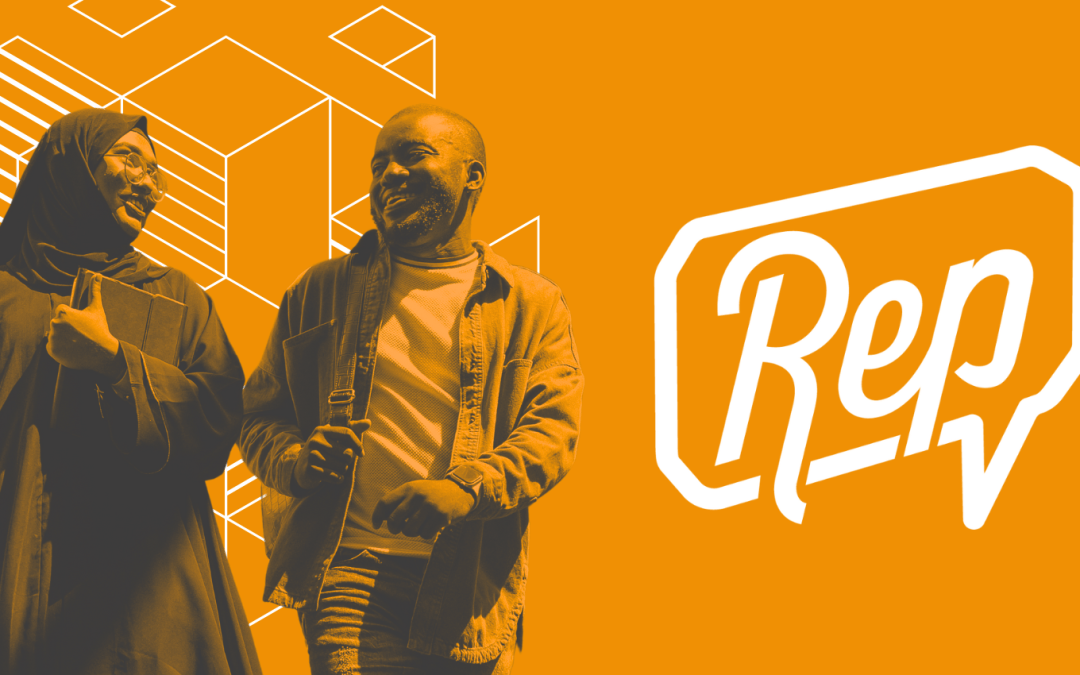 Two smiling students on an orange background next to the Rep logo